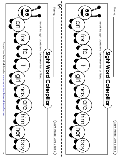 Worksheets - Sight Word Caterpillar: Units 5 and 6