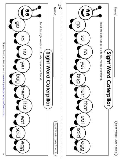 Worksheets - Sight Word Caterpillar: Units 7 and 8