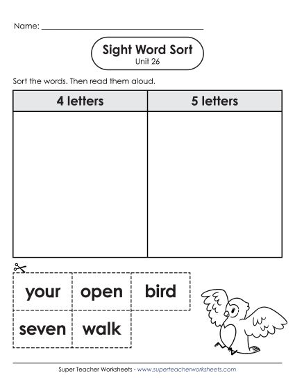 Worksheets - Sight Word Sort (Unit 26)