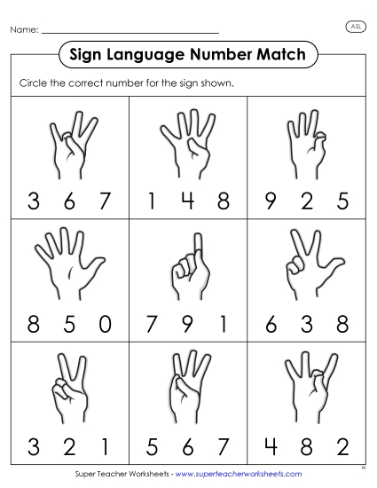 ASL Number Worksheets - Sign-Number Match (Printable PDF Worksheet)