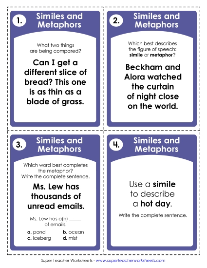 Similes & Metaphors Mixed - Similes & Metaphors Task Cards (Printable PDF Worksheet)