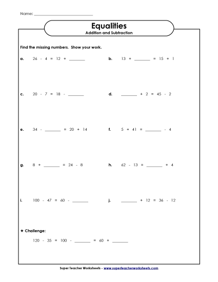 Equations with Addition & Subtraction - Simple Equations: Blank Line