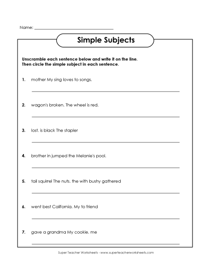 Simple Subjects & Predicates - Simple Subjects - Unscramble Simple Subjects & Predicates - Simple Subjects - Unscramble
