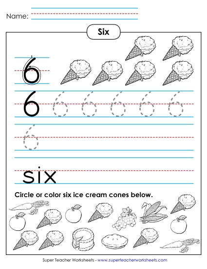Number Six - Six: Trace, Print, Count