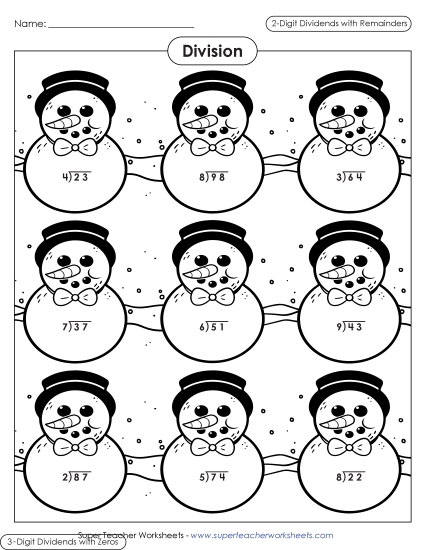 Winter Division Worksheets - Snowman Division - 1 and 2-digit Quotients