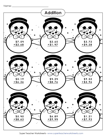 Adding Money - Snowmen Addition Picture (Money)