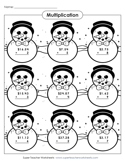 Money Times 1-Digit Worksheets - Snowmen Multiplication Picture (Money)