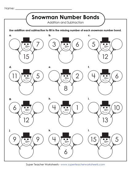 Number Bonds - Sums to 20 - Snowmen Number Bonds