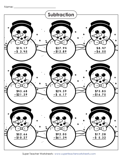 Money Subtraction - Snowmen Subtraction Picture (Money)