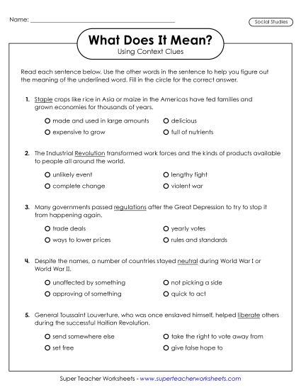 What Does It Mean? Using Context Clues to Define Words - Social Studies Context Clues Worksheet 2 (Printable PDF Worksheet)