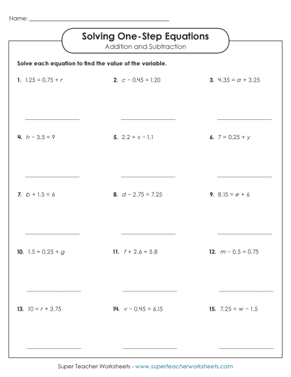 Solving for Variables Addition & Subtraction Only - Solving One Step Equations: Advanced (Addition & Subtraction)
