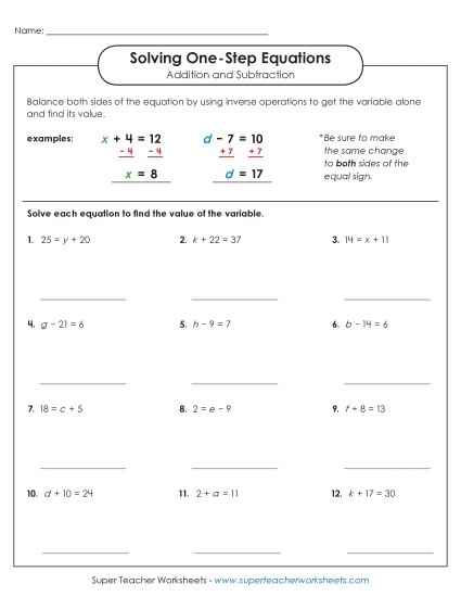 Solving for Variables Addition & Subtraction Only - Solving One Step Equations: Basic (Addition & Subtraction)