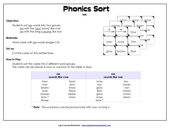 Worksheets - Sorting: 2 Sounds of ow Worksheets - Sorting: 2 Sounds of ow