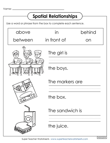 Fill-in-the-Blank Worksheets - Spatial Relationships at School