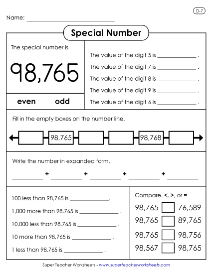 5-Digit Numbers - Special Number: 98,765