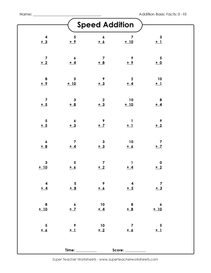 Speed Addition Drills - Speed Addition 0-10 (Version 2)