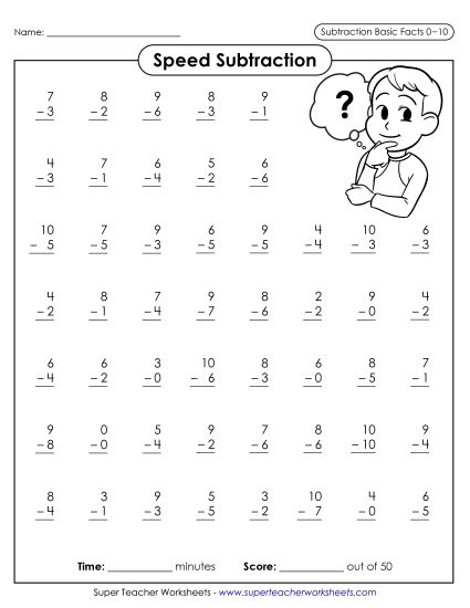 Pictures of Our Subtraction Worksheets - Speed Subtraction 0-10 (Version 1) (Printable PDF Worksheet)