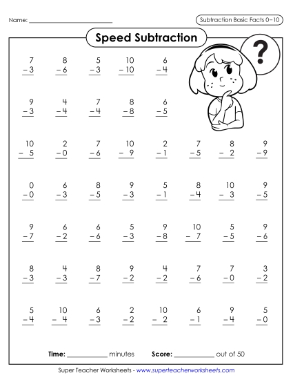 Speed Drill Worksheets - Speed Subtraction 0-10 (Version 2)