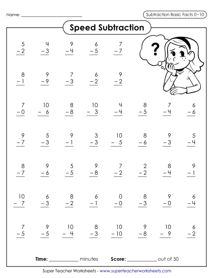 Speed Drill Worksheets - Speed Subtraction 0-10 (Version 3)