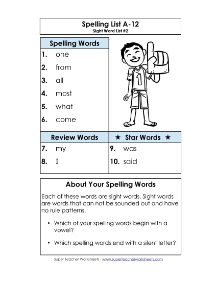 Spelling List - Spelling List A-12 Spelling List - Spelling List A-12