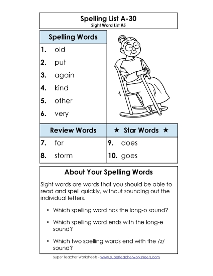 Spelling List - Spelling List A-30 Spelling List - Spelling List A-30
