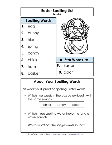 Word List - Spelling List (A-Easter)