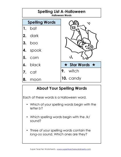 Spelling List - Spelling List (A-Halloween) 