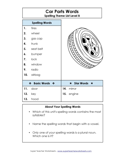 Spelling List - Spelling List (B-Car Parts) 