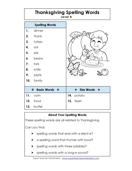 Thanksgiving Spelling List - Spelling List (B-Thanksgiving) Thanksgiving Spelling List - Spelling List (B-Thanksgiving)