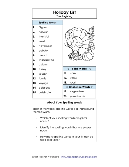 Spelling List - Spelling List (C-Thanksgiving) Spelling List - Spelling List (C-Thanksgiving)