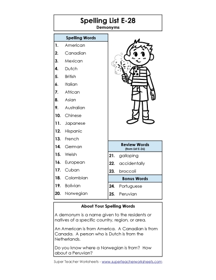 Spelling List - Spelling List (E-28)