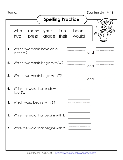 Worksheets - Spelling Practice (A-18) 