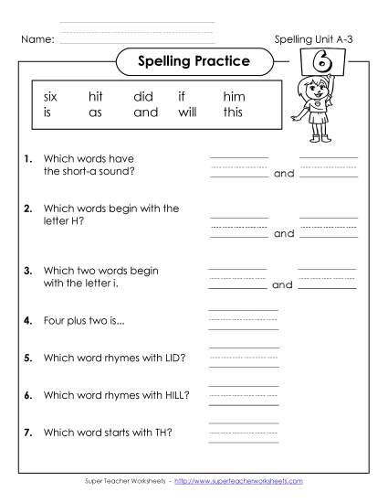 Worksheets - Spelling Practice (A-3)