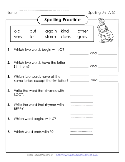 Worksheets - Spelling Practice (A-30)