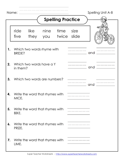 Worksheets - Spelling Practice (A-8)