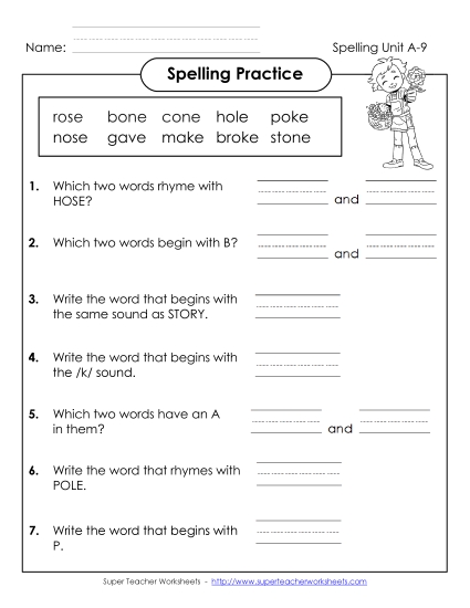 Worksheets - Spelling Practice (A-9)