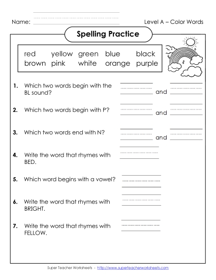 Worksheets and Activities  - Spelling Practice (A-Color Words)