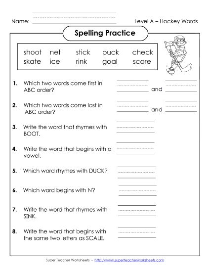 Worksheets and Activities - Spelling Practice (A-Hockey Words) Worksheets and Activities - Spelling Practice (A-Hockey Words)