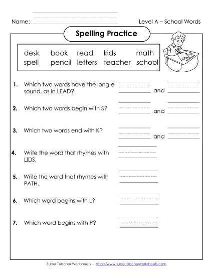 Worksheets and Activities - Spelling Practice (A-School Words) Worksheets and Activities - Spelling Practice (A-School Words)