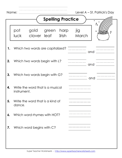 Worksheets - Spelling Practice (A-St. Patrick's Day) Worksheets - Spelling Practice (A-St. Patrick's Day)