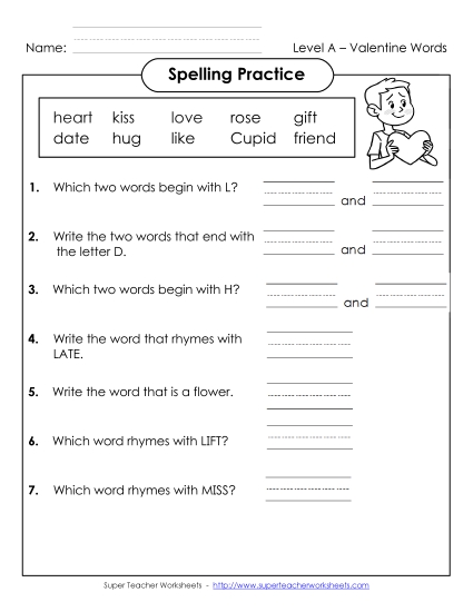 Worksheets and Activities - Spelling Practice (A-Valentine's Day)