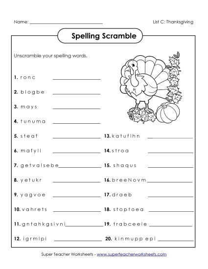 Worksheets and Activities - Spelling Scramble (C-Thanksgiving) Worksheets and Activities - Spelling Scramble (C-Thanksgiving)