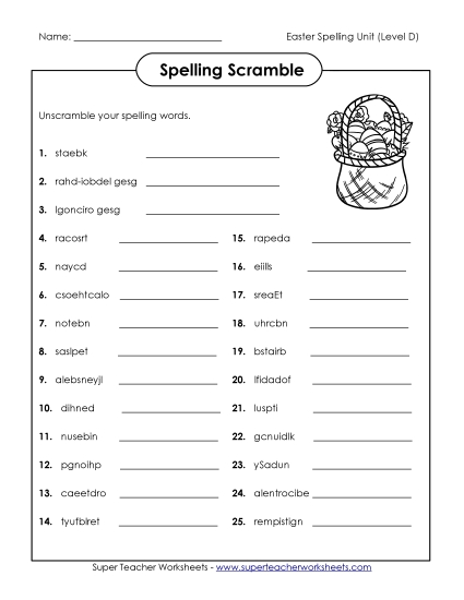 Worksheets - Spelling Scramble (D-Easter) Worksheets - Spelling Scramble (D-Easter)