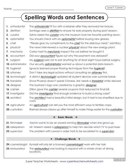 Spelling Test - Spelling Sentences (Careers) Spelling Test - Spelling Sentences (Careers)