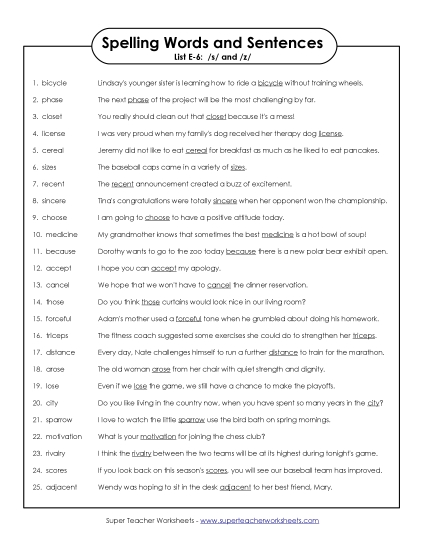 Spelling Test - Spelling Sentences (E-6)