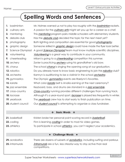 Spelling Test - Spelling Sentences (Extracurriculars)