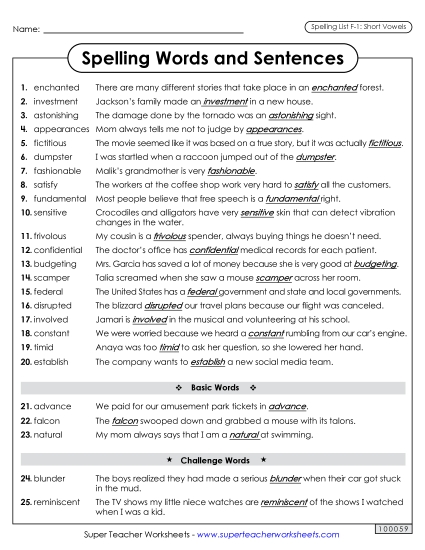 Spelling Test - Spelling Sentences (F-1) 