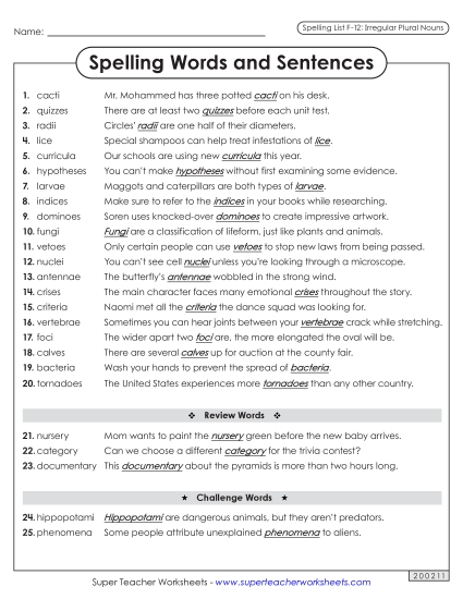 Spelling Test - Spelling Sentences (F-12)
