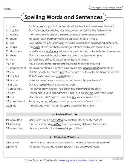 Spelling Test - Spelling Sentences (F-13)