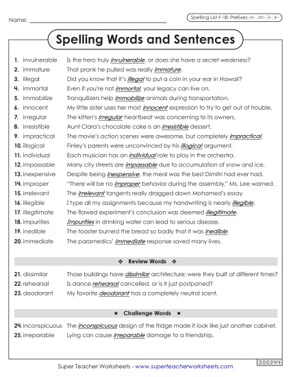 Spelling Test - Spelling Sentences (F-18)